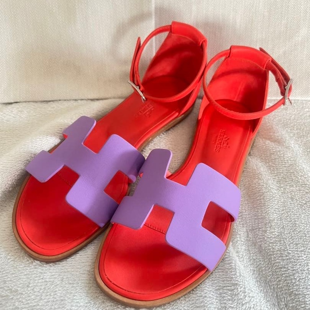Hermès Red and Purple Bicolor Santorini Sandals BNIB!